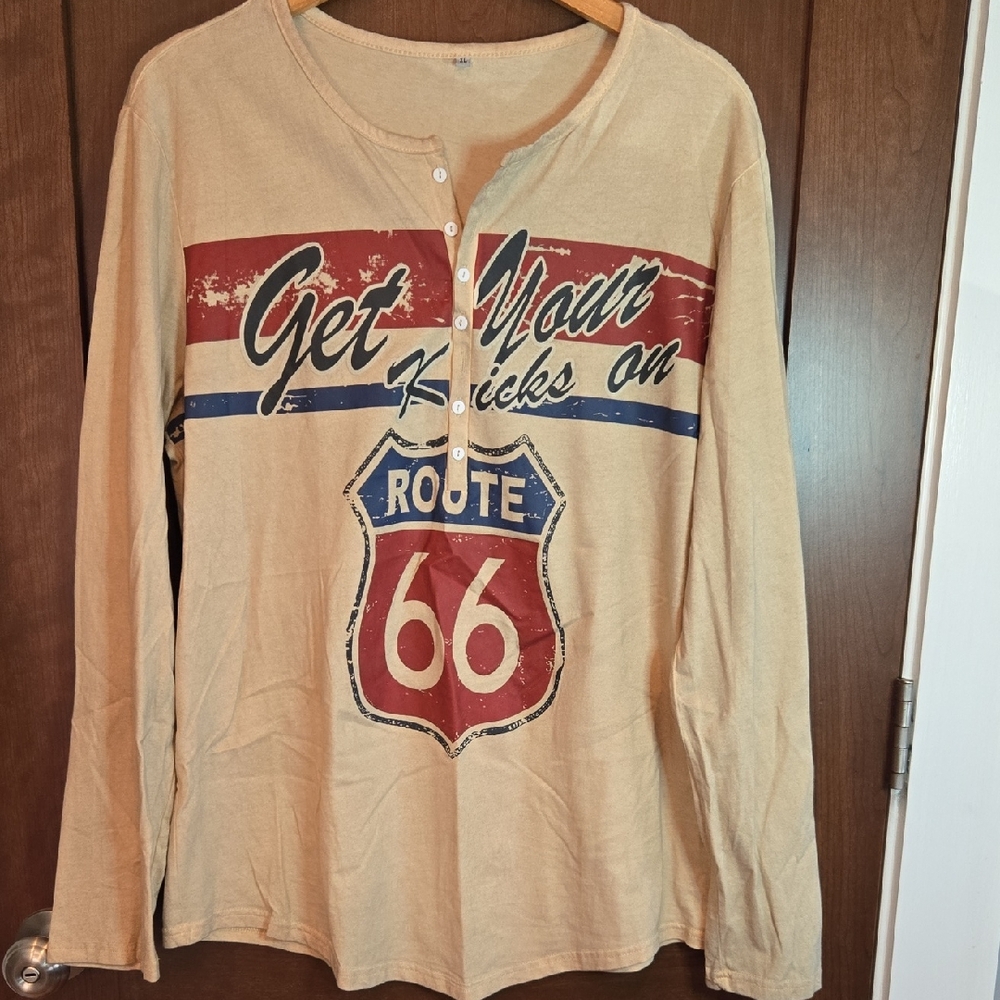 Men's Henley Size XL Route 66 Beige Long Sleeve Shirt